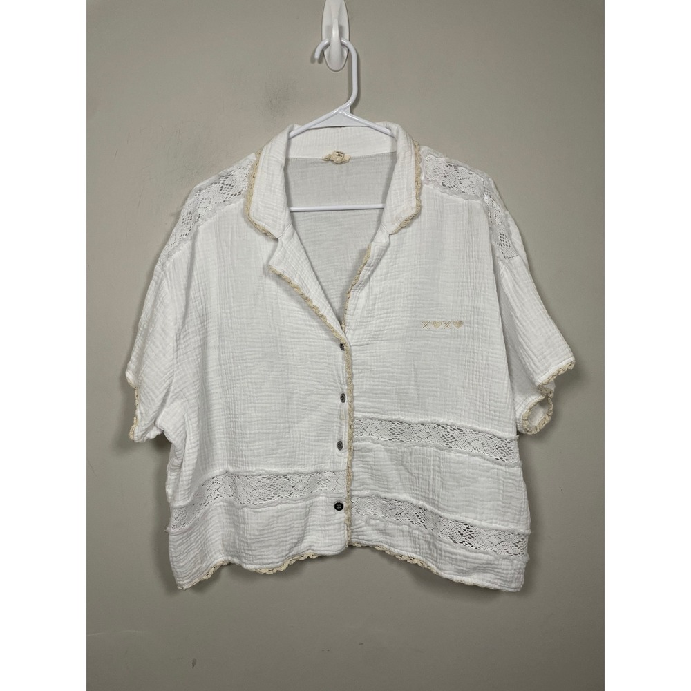 Pol Oversized Gauze Cotton Embroidered Lace Button Down In White Size Large